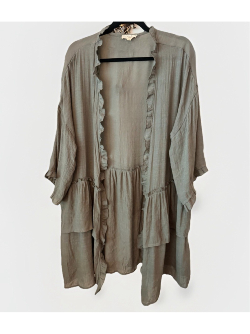 Easel Los Angeles L Olive Green Tencel Ruffle Open Front Kimono Cardigan